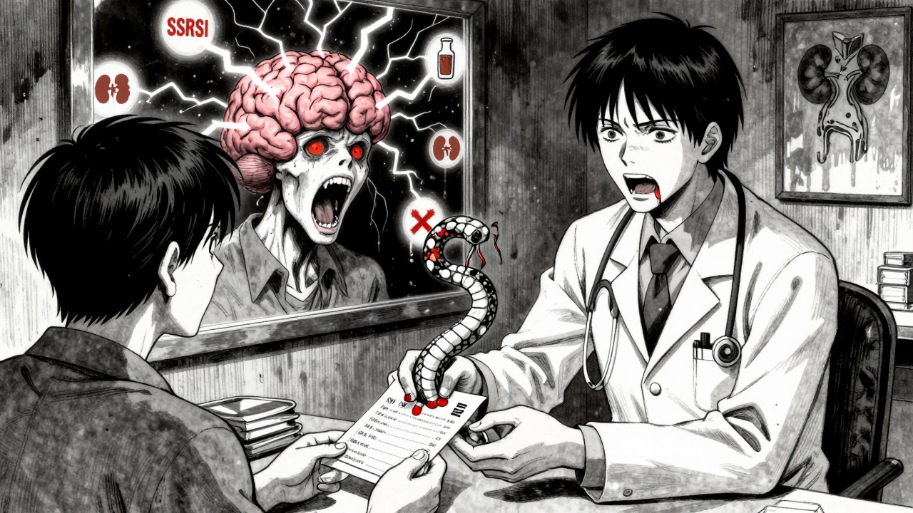 A prescription slip turning into a serpent, reflecting a screaming brain in a mirror surrounded by medical danger symbols.