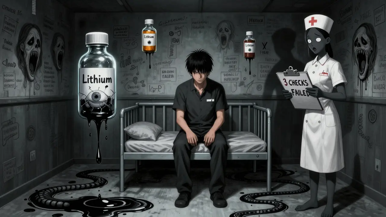 A prisoner surrounded by dripping pill bottles that turn into serpents, one labeled Lithium.