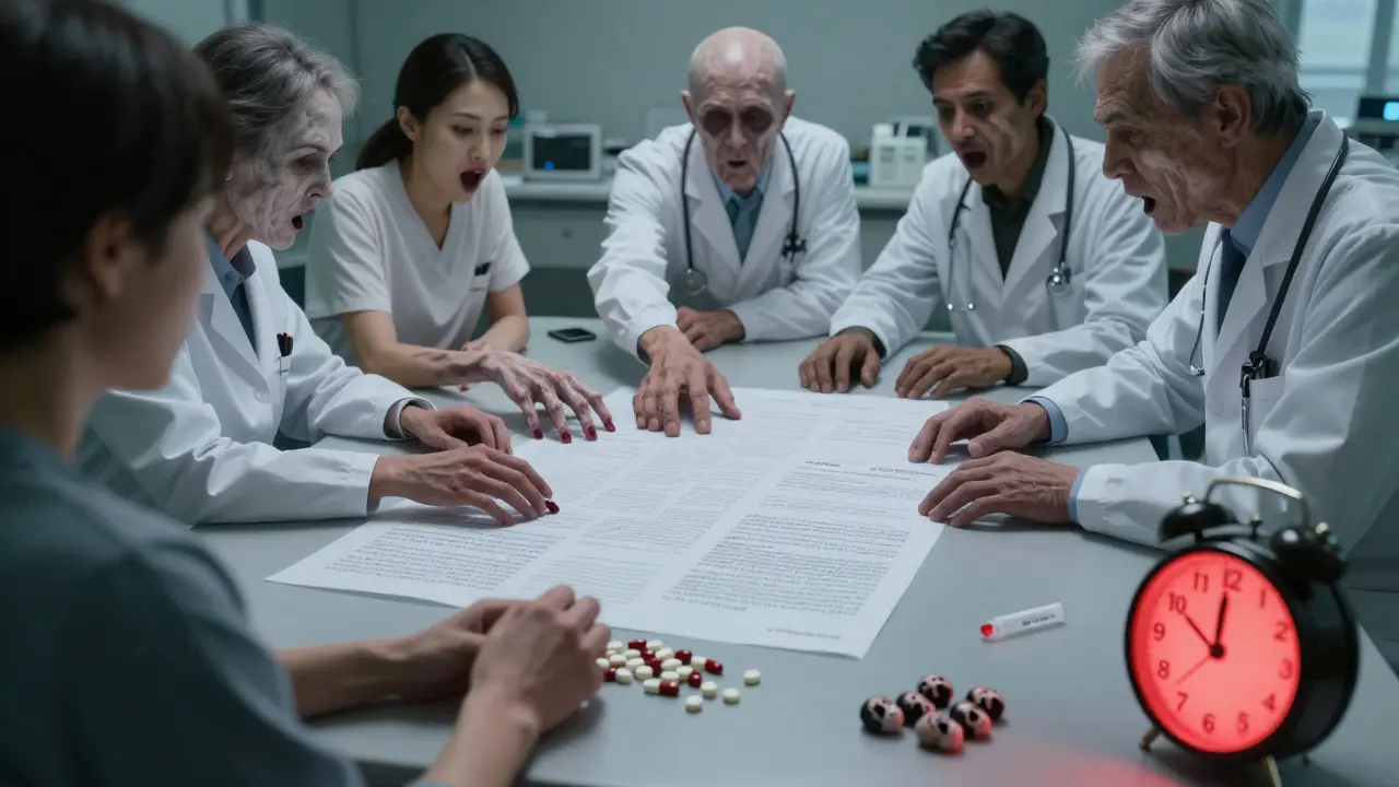 A shared care plan coming alive with screaming pills and faceless clinicians in horror anime style.