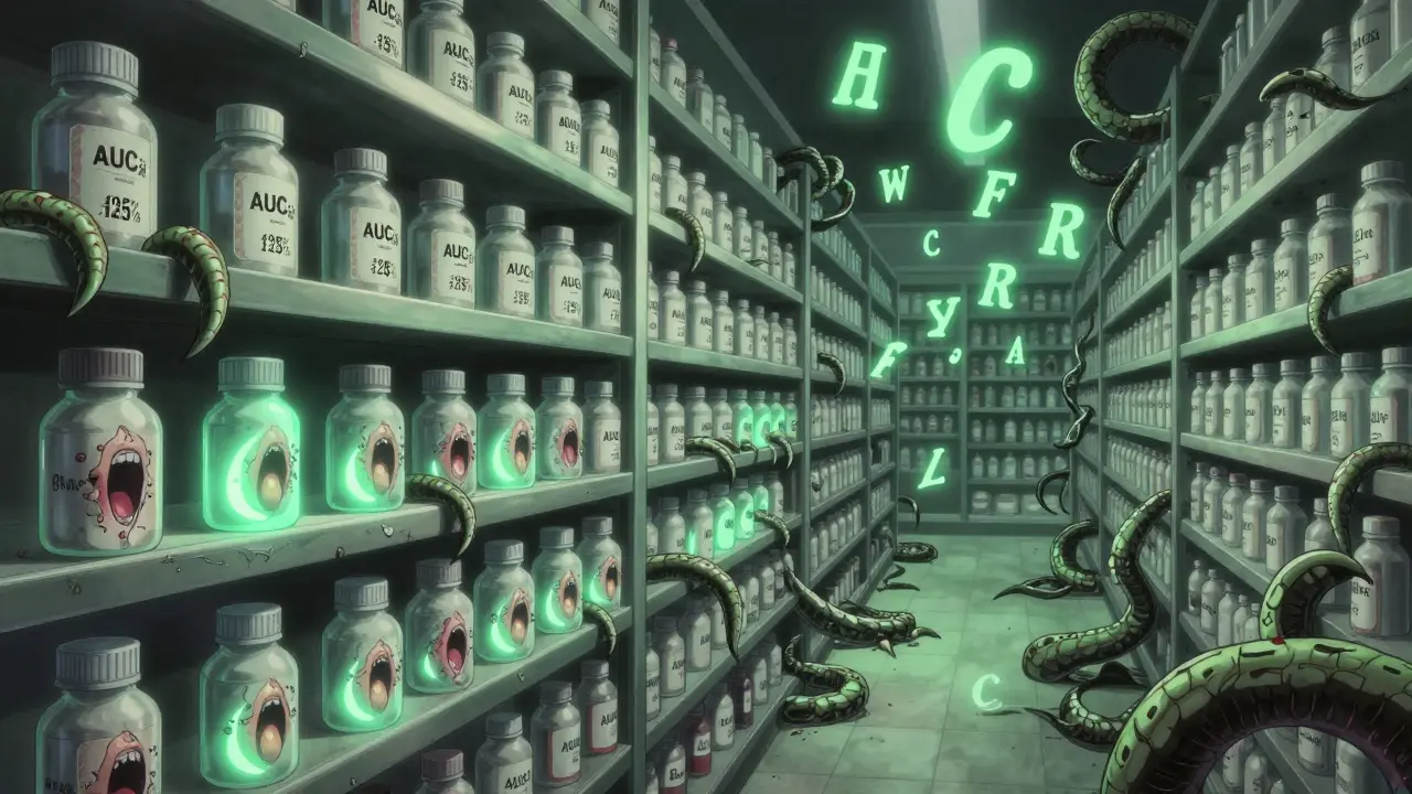 A shelf of writhing pills, some screaming as their absorption ratios bleed outside safe limits, others glow softly in green light.