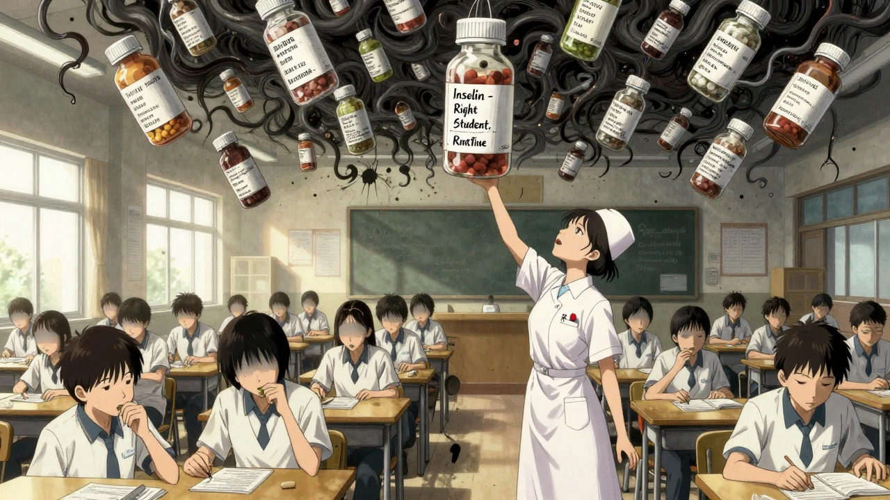 A swarm of screaming pill bottles hovers over frozen students in a cafeteria, a nurse reaching desperately toward the central vial.