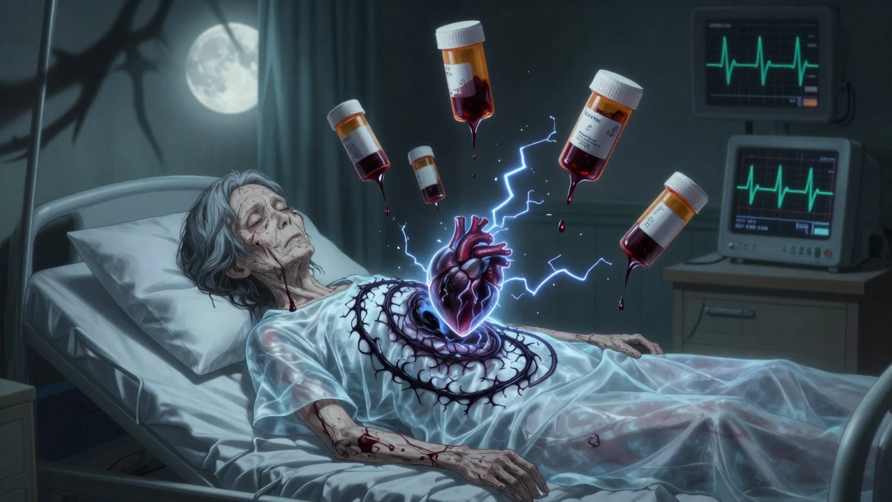 A translucent elderly woman with a twisting, serpentine heart rhythm, surrounded by oozing prescription bottles.