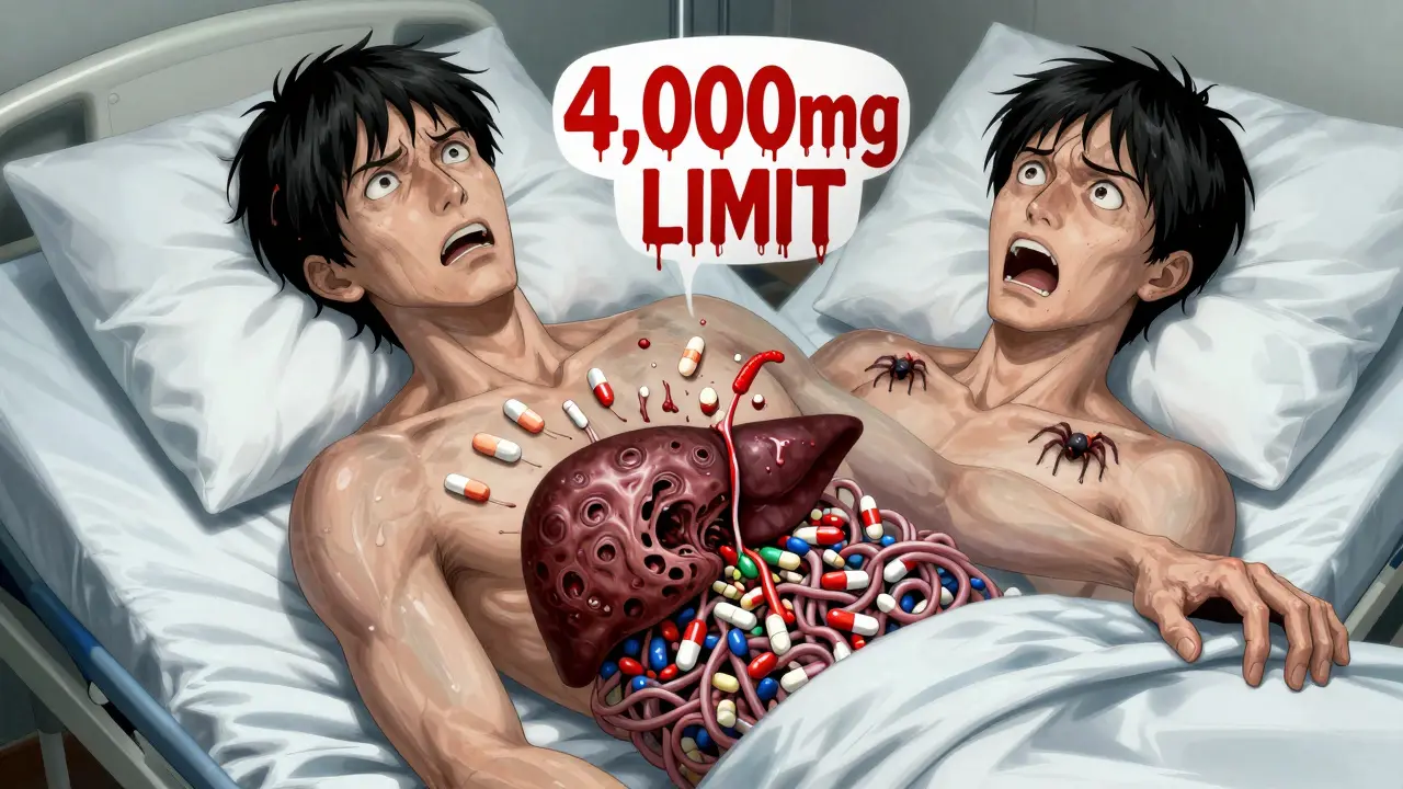 A translucent man in a hospital bed, his liver made of screaming pills and crawling capsules, surrounded by blood-red warnings.