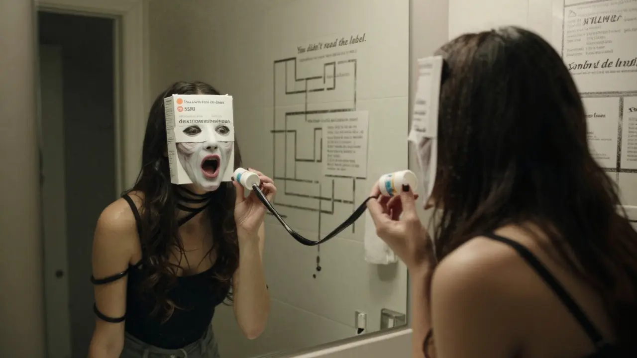 A woman's grotesque mirror reflection with multiple drug-faced creatures emerging from a medicine bottle, tendrils wrapping around her.