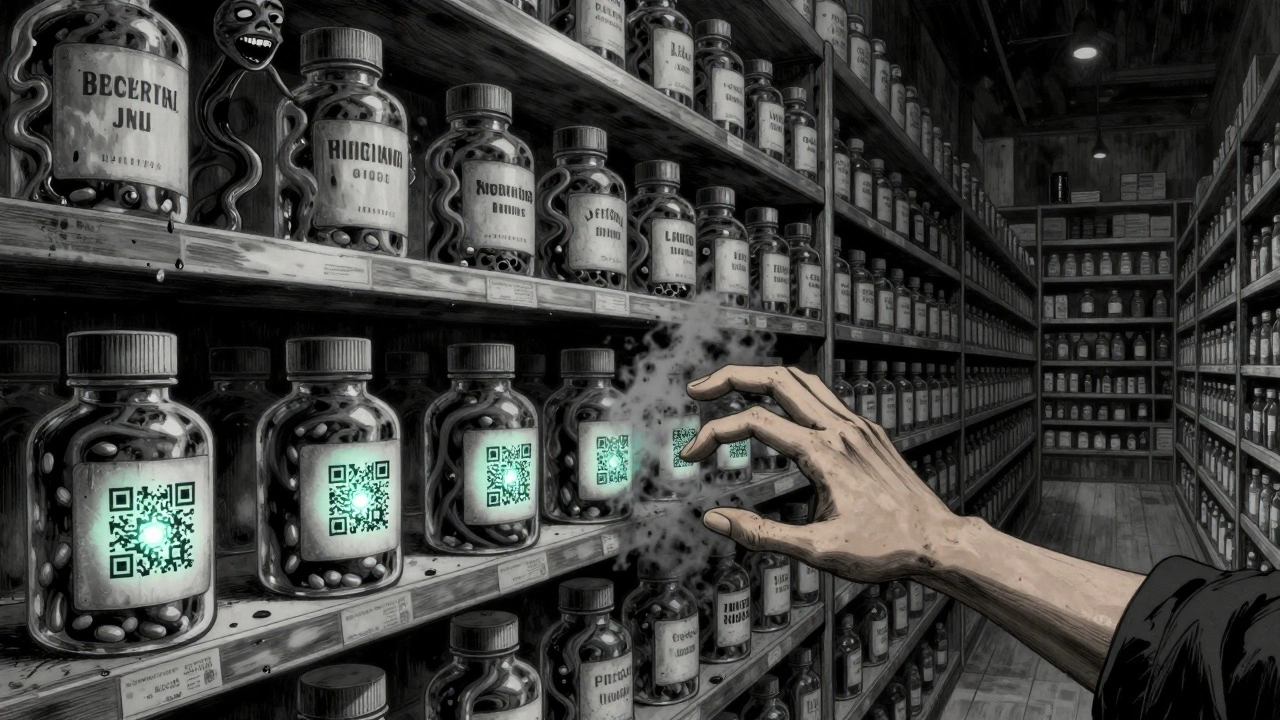 An endless pharmacy shelf filled with bottles containing writhing shadows, one hand dissolving into ash.
