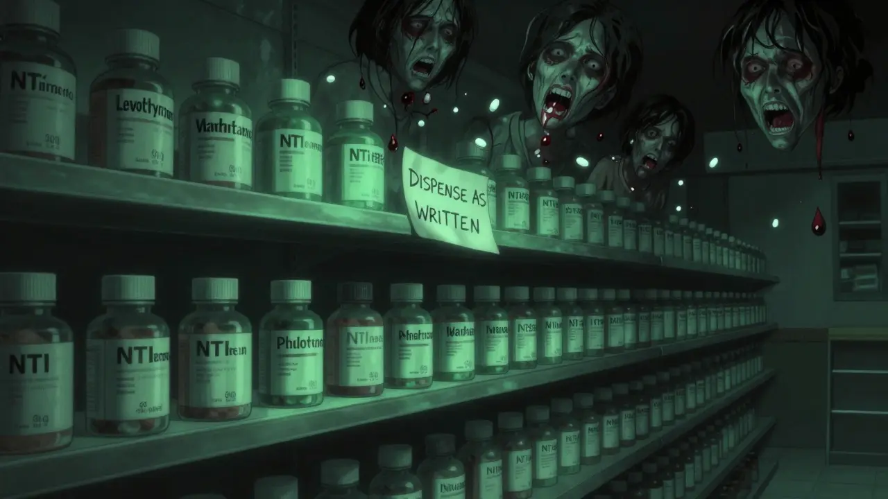 An endless pharmacy shelf glows with eerie light, patient faces dissolve into tablets and blood droplets.