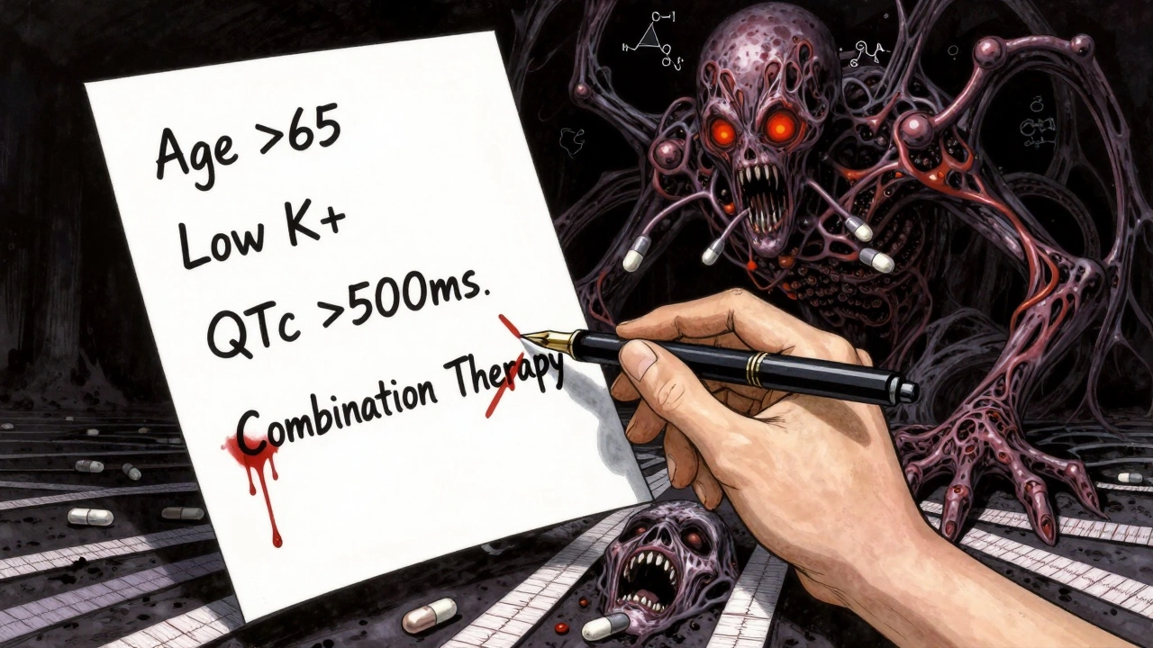 Blood-written medical checklist with antibiotic monster looming, ECG strips forming a screaming face in dark void.