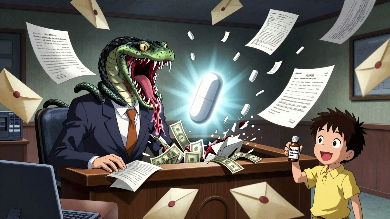 Brand CEO consumed by patent serpents, a glowing generic pill at center, reverse payment envelopes bursting into ash.