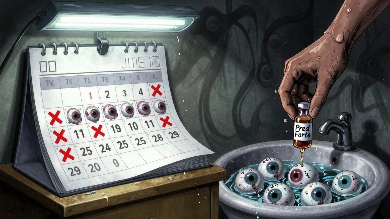 Calendar flipping into screaming eyes as a steroid vial drops into a sink filled with weeping eyeballs.