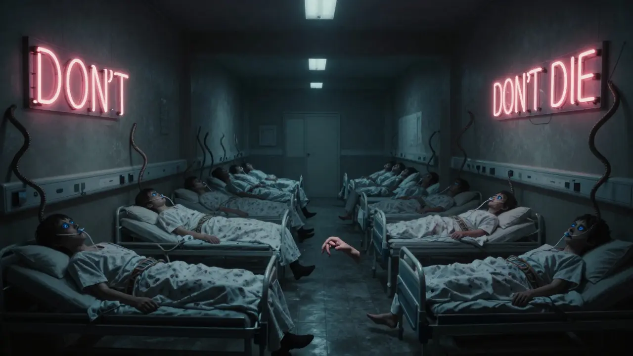Endless hospital hallway with patients having blue lips, breathing tubes merging into walls, 'DON'T DIE' sign flickering.