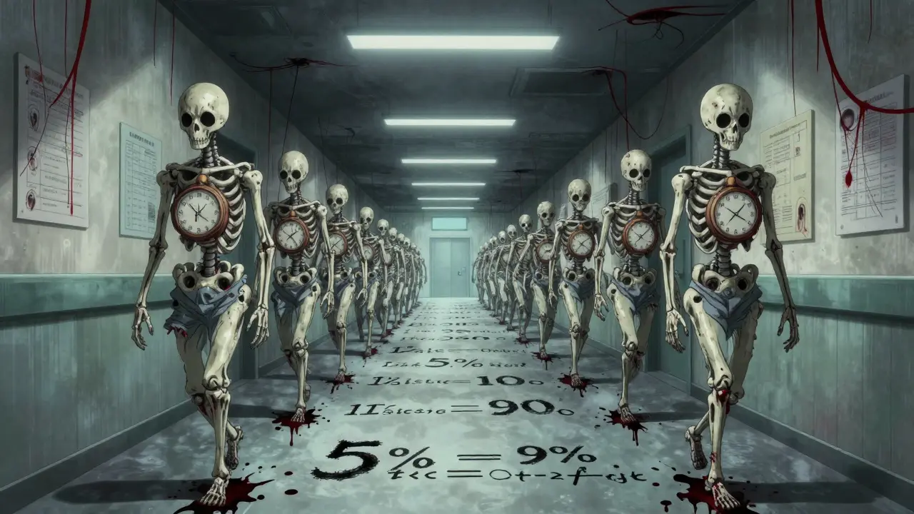 Endless line of runners with clock-shaped shin bones dripping ink onto a hospital floor.