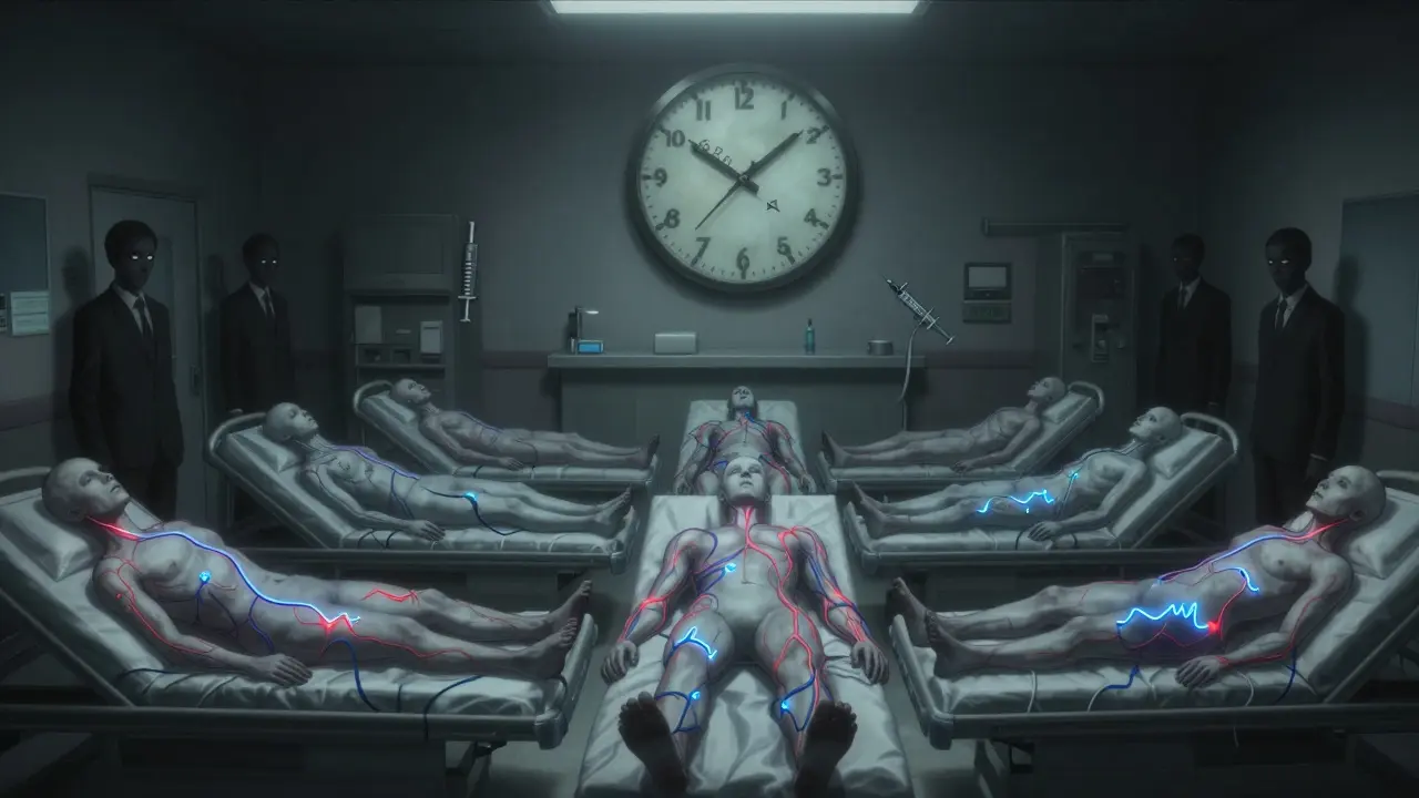 Faceless volunteers in a clinical room have glowing veins showing drug absorption curves, watched by shadowy figures from above.