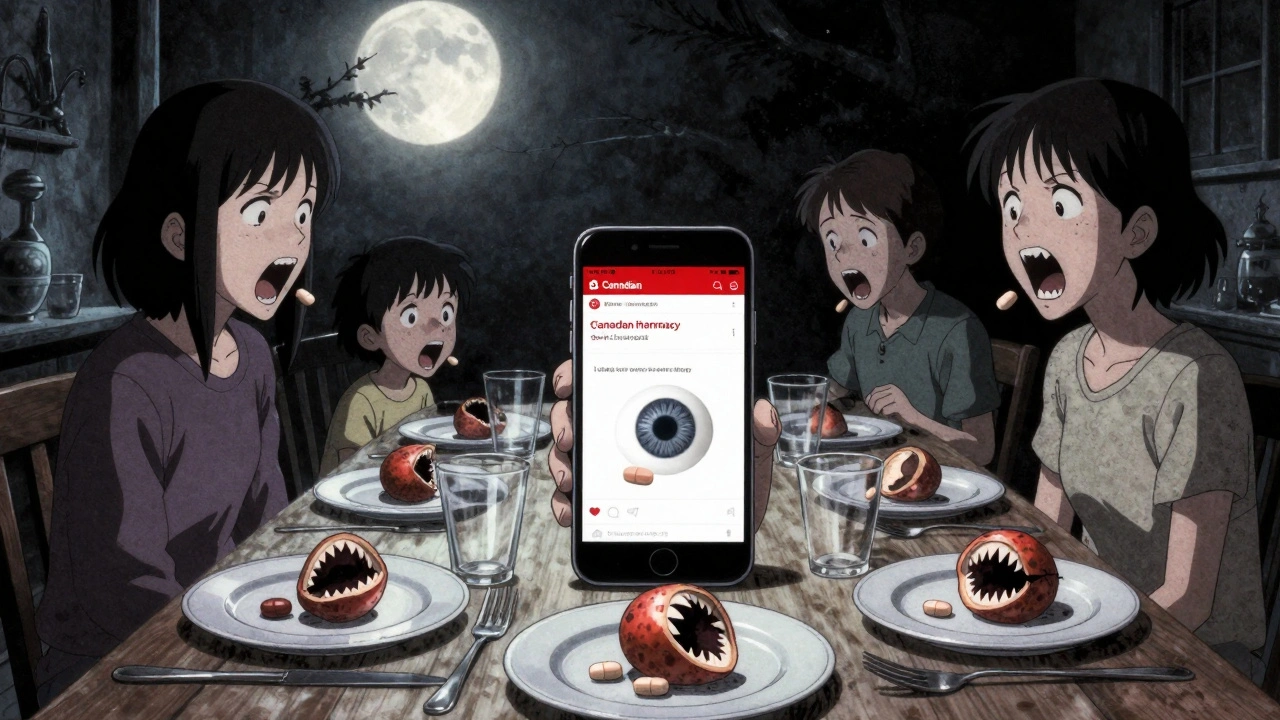 Family dinner plates hold pills that split open to reveal screaming mouths, a phone screen showing a fake pharmacy.