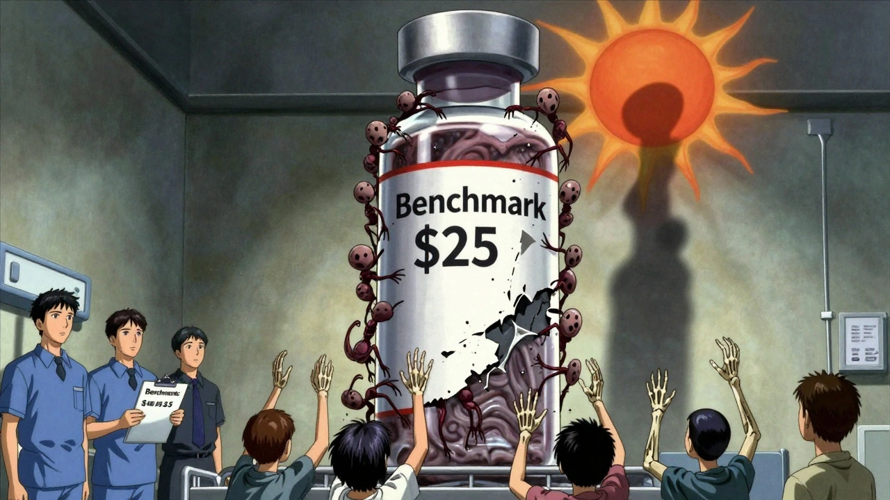 Giant insulin vial crumbling under generic manufacturers, Medicare agent holding a  benchmark, patients reaching up with skeletal hands.