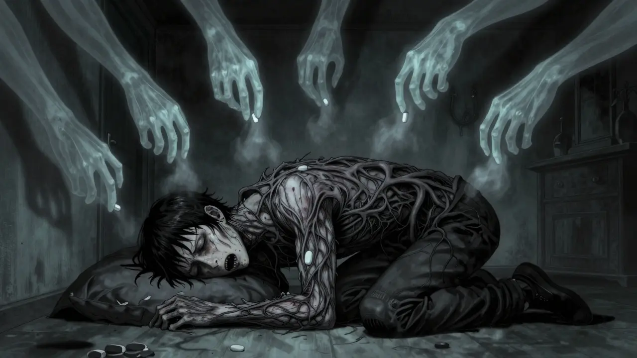 Horrified person kneeling beside a dying loved one, ghostly hands holding dissolving pills above them.