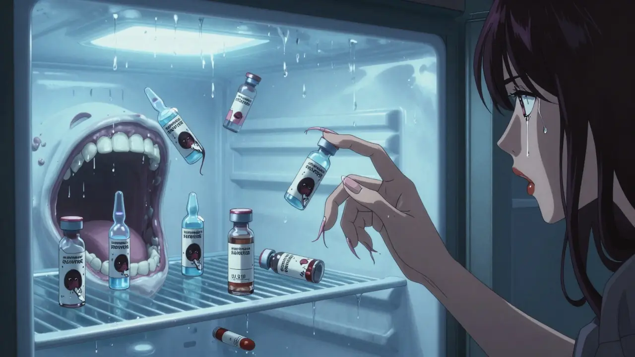 Insulin vials float in a fridge that has become a monstrous mouth, labels peeling away like flesh.