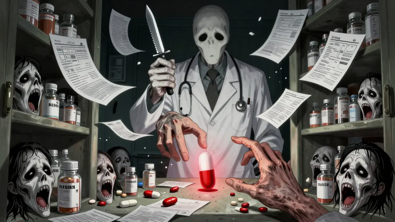 Medicine cabinet overflowing with pill labels that have turned into screaming faces, one red glowing statin at center.