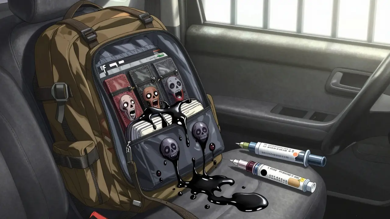 Melting insulin cases in a hot car, fluid forming screaming faces, expired pen with skull label visible.