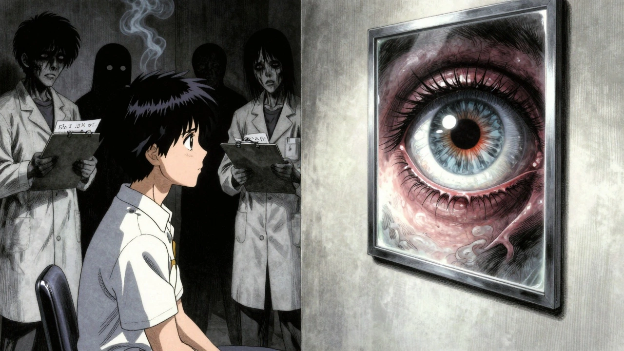 Patient&#039;s reflection shows a pulsating cataract forming in their eye, with shadowy doctors dissolving into smoke.