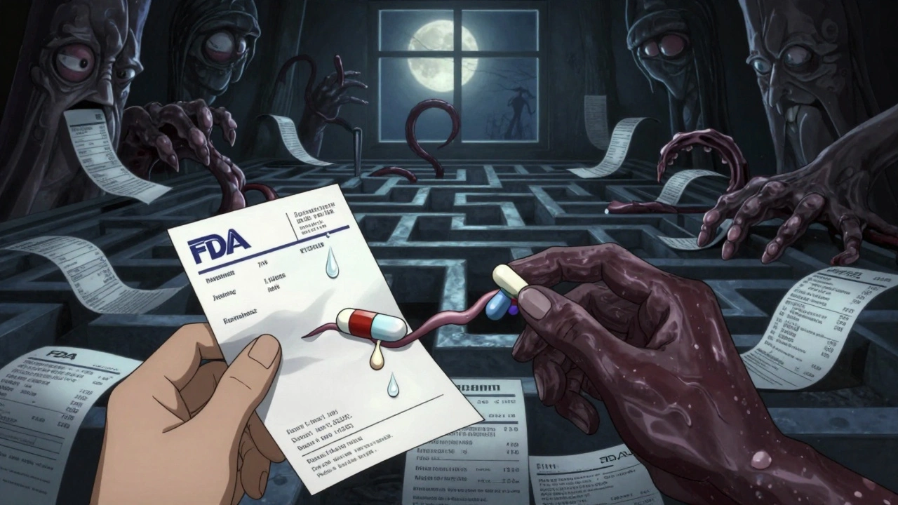 Patient holding prescription that turns into tentacle, two pills connected by pulsating vein.