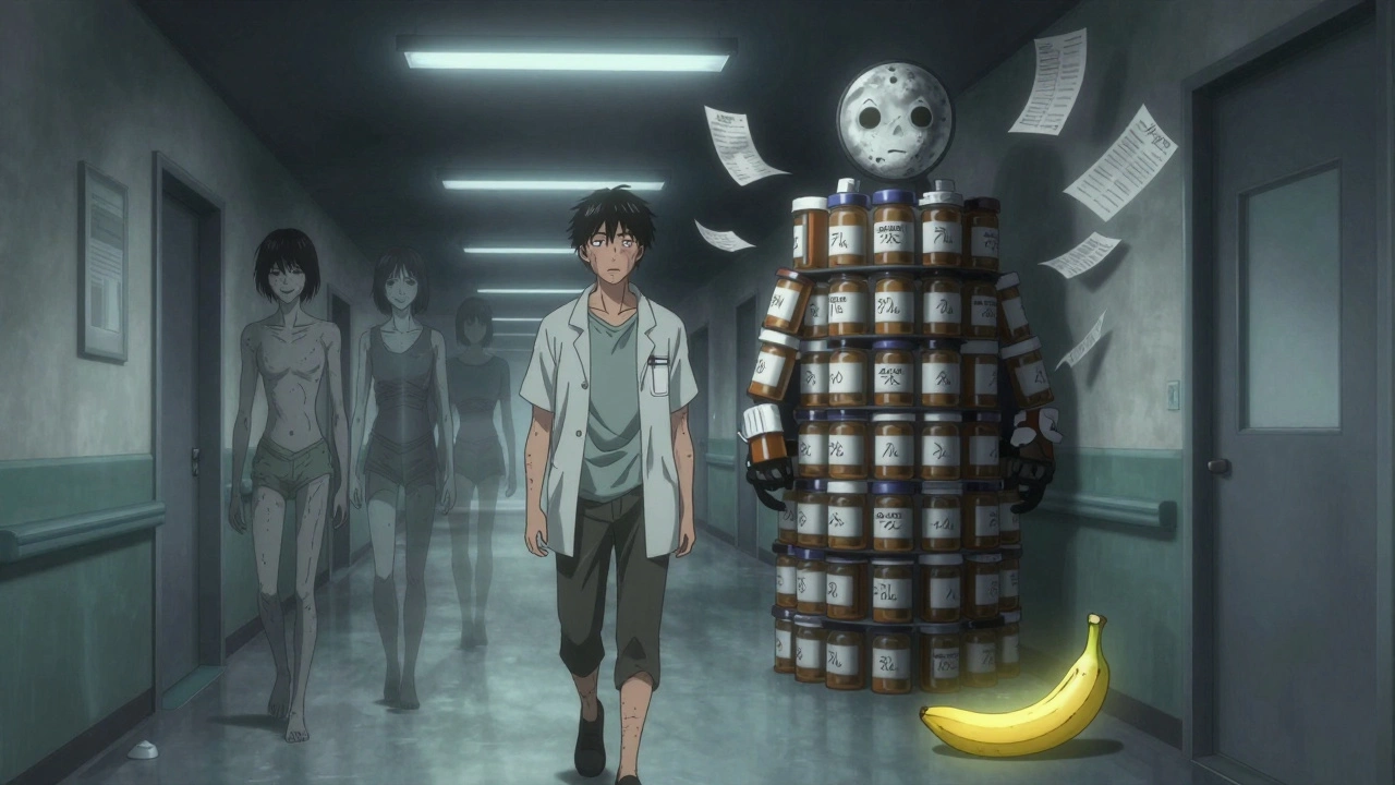 Patient walking down hospital hall, face cracking as ghostly past self fades, towering pill-bottle figure looming ahead.