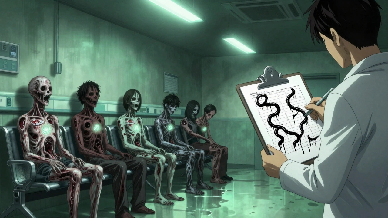 Patients in a hospital sit with pill-shaped voids in their chests, brand logos glowing on their skin.