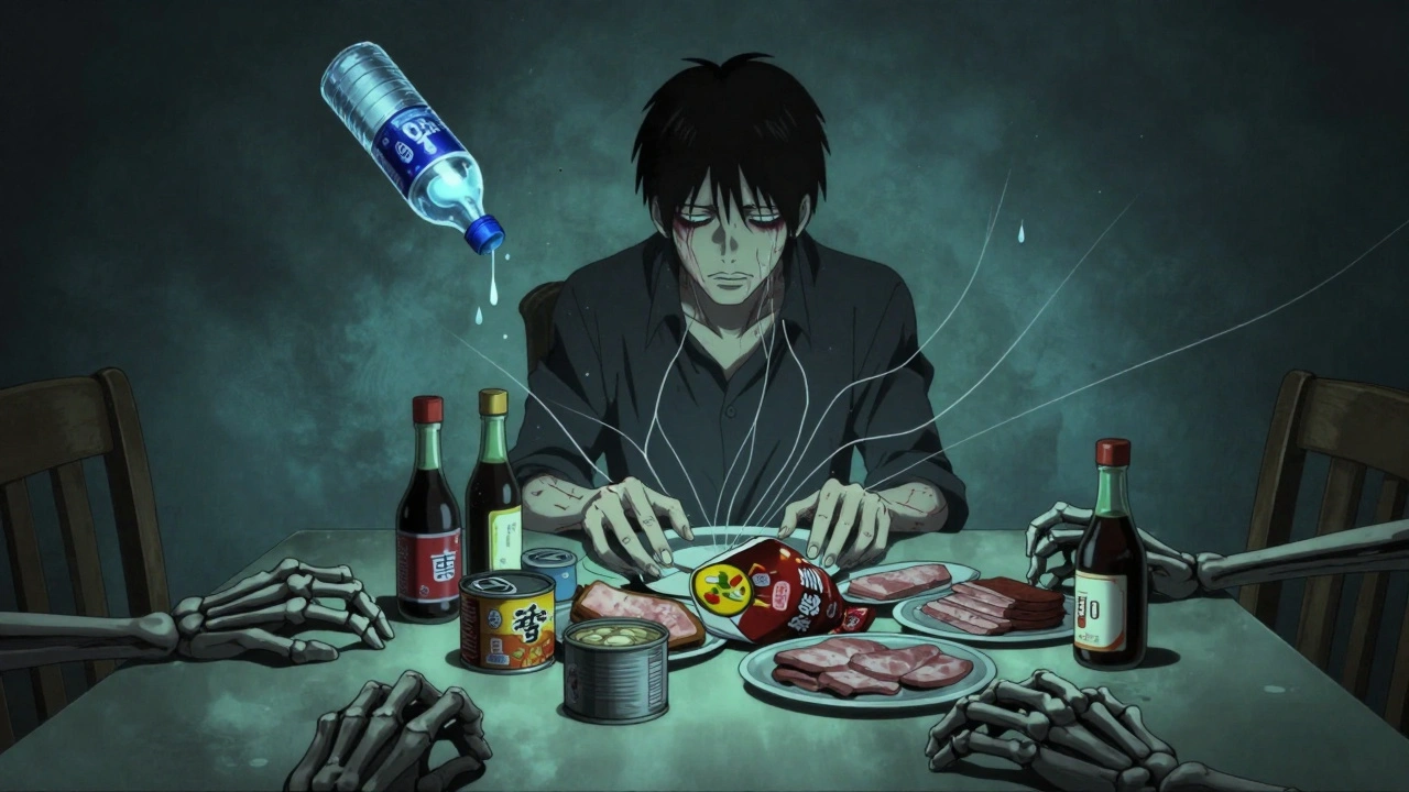 Person at table with swollen face, sodium threads radiating from skin into salty foods under cold blue lighting.