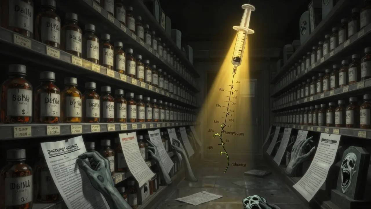 Pharmacy bottles line a dark shelf like tombstones, with price tags bleeding money as ghostly hands clutch denial letters.