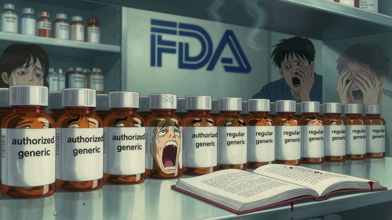 Pharmacy shelf with pill bottles having faces, some screaming, dark smoke rising from FDA logo.