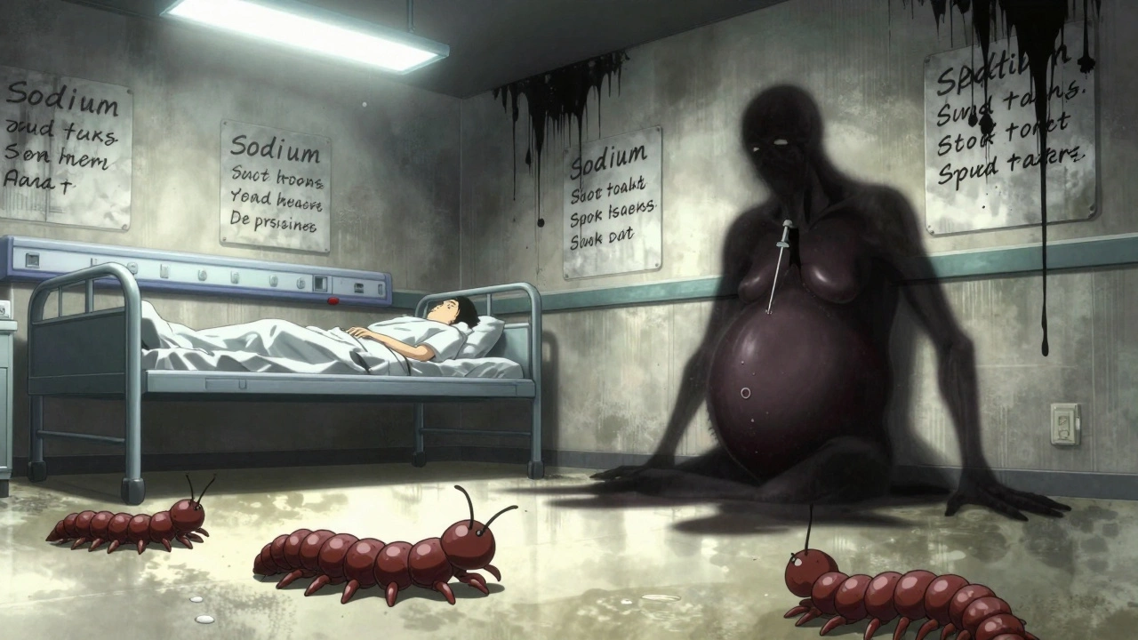 Pills crawling like centipedes in a hospital room, casting monstrous shadows of fluid-filled bellies.