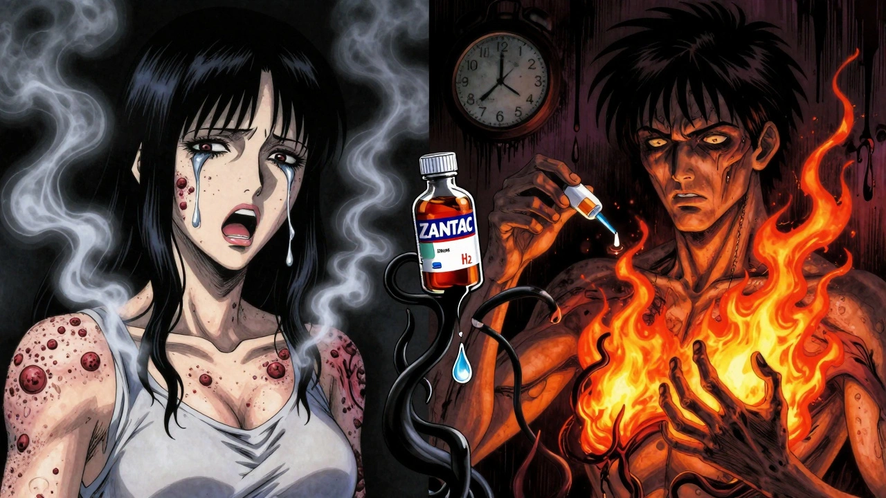 Split scene: hives dissolving into smoke vs. heartburn quenched by H2 blocker, with Zantac bottle oozing black poison.