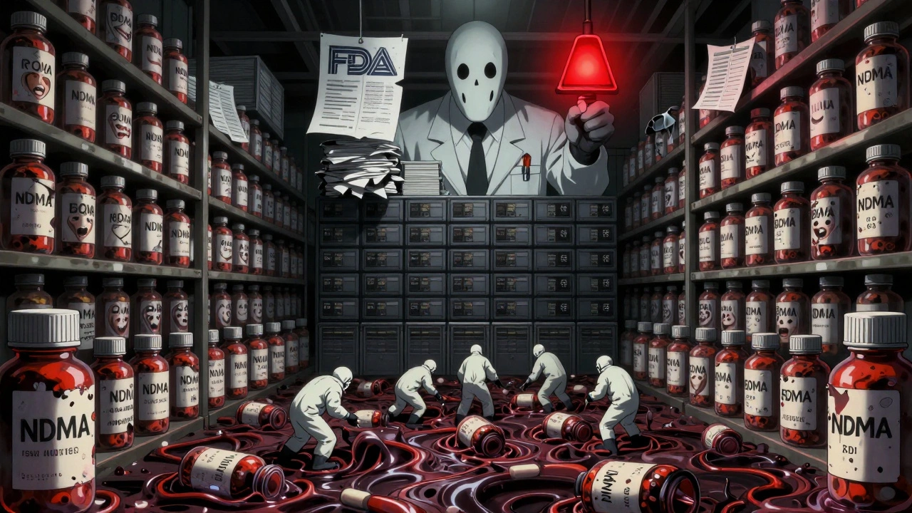 Thousands of pill bottles with screaming labels, watched over by a giant inspector made of documents.