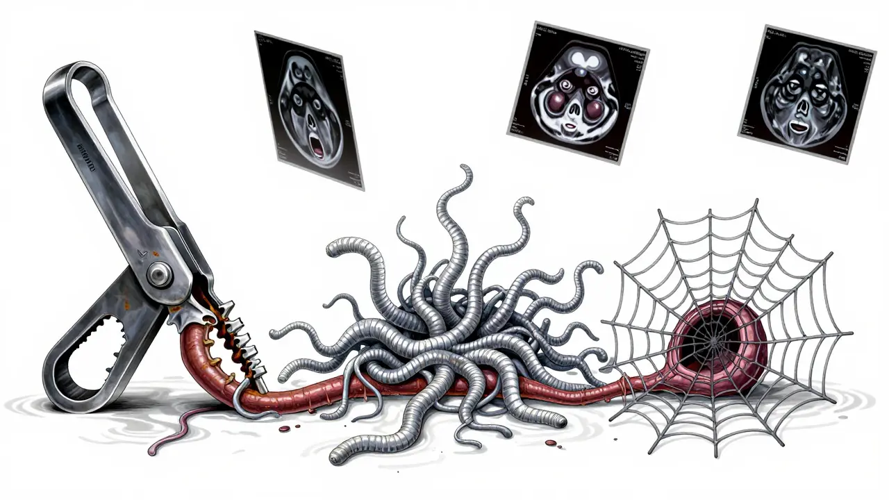 Three monstrous medical treatments—clip, coils, stent—each as grotesque entities consuming an aneurysm in a white void.