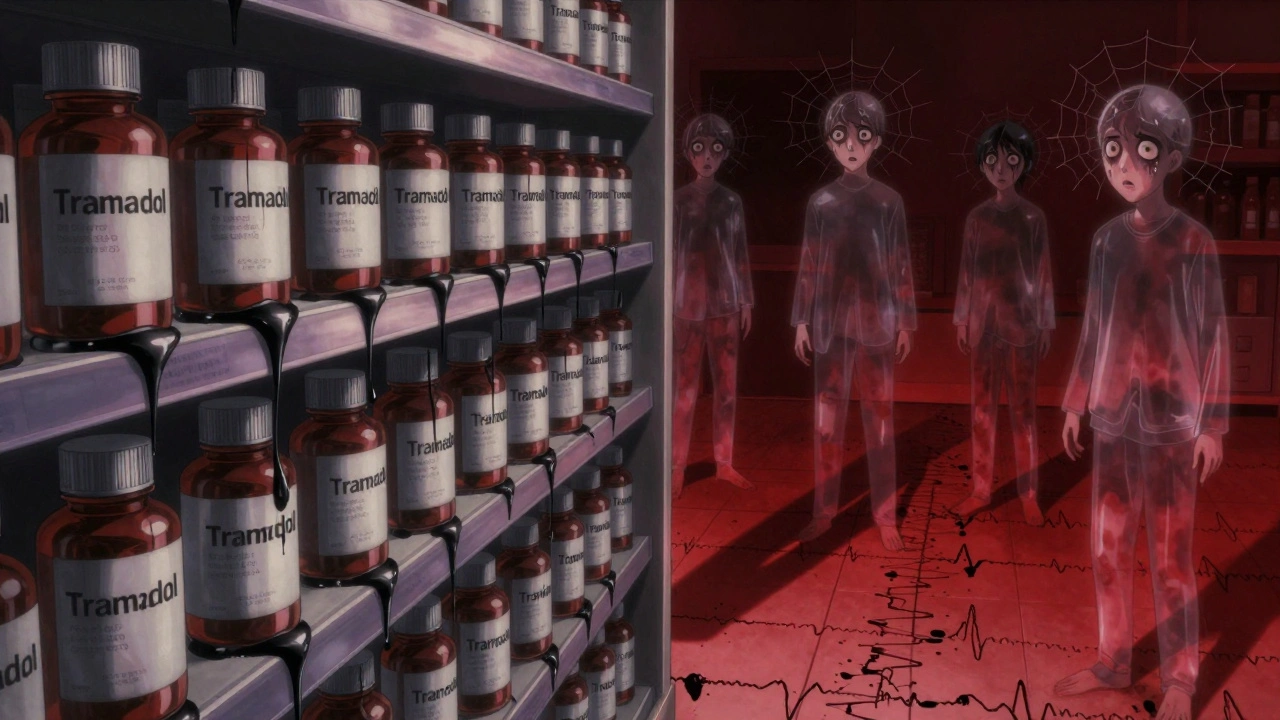 Tramadol bottles dripping black fluid onto fragmented EEG waves, with terrified figures standing nearby.