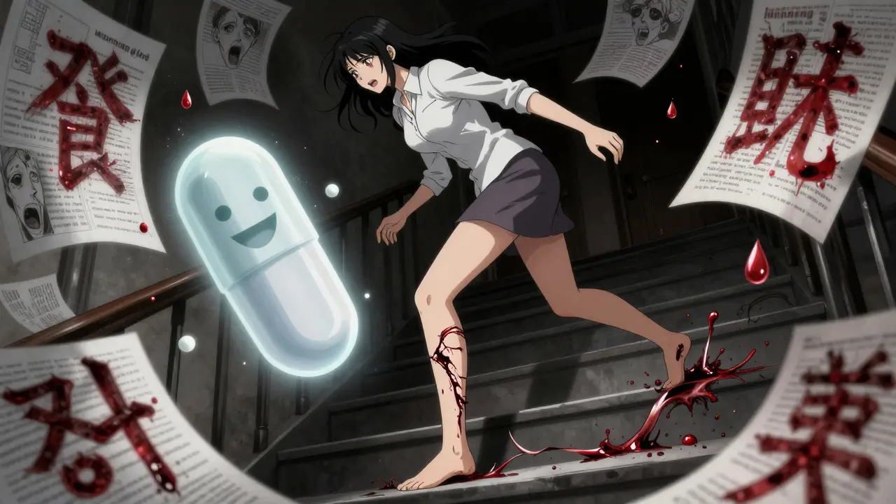Woman's Achilles tendon snapping mid-step, ghostly painkiller pills floating nearby, foot dangling uselessly.
