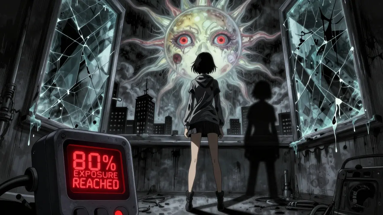 Woman in sun-protective clothing under LED lights, with a monstrous sun looming overhead and a UV monitor glowing red.