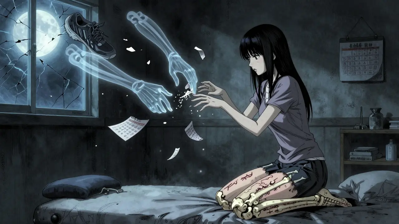 Woman in therapy room with skeletal legs and floating hands made of shredded shoes.