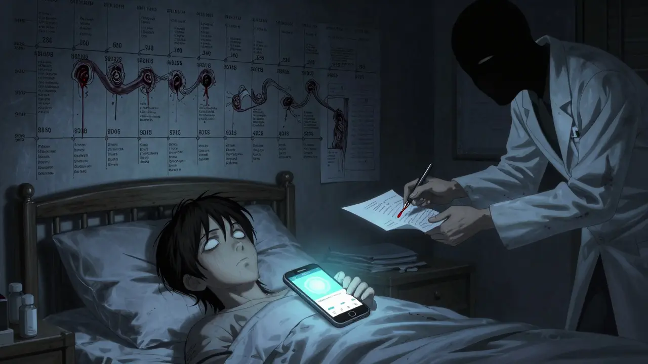A bedroom wall covered in bloody timelines of symptoms, with a glowing phone and a faceless pharmacist reaching from shadows.