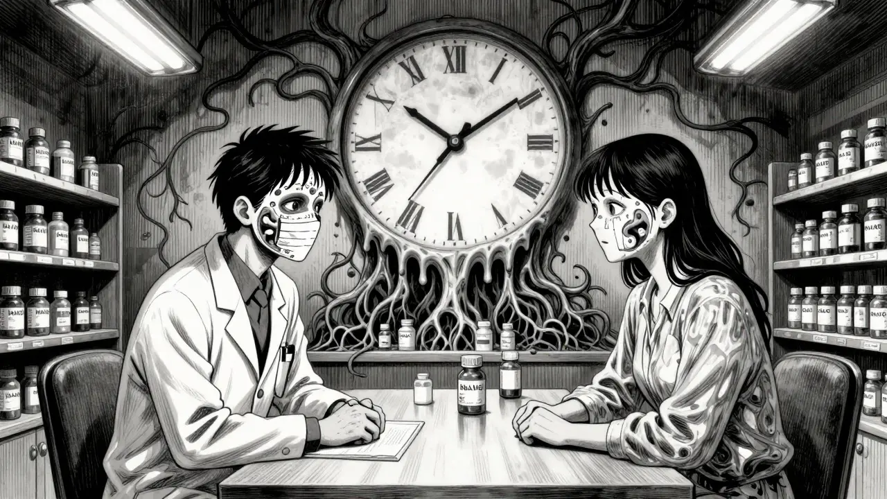 A doctor and patient face each other, their faces made of prescription labels, as pitavastatin bottles grow roots in the background.