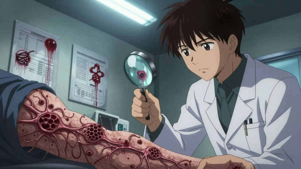 A doctor examines a patient’s arm under a magnifying glass, revealing writhing tentacles beneath the skin in a clinical room.