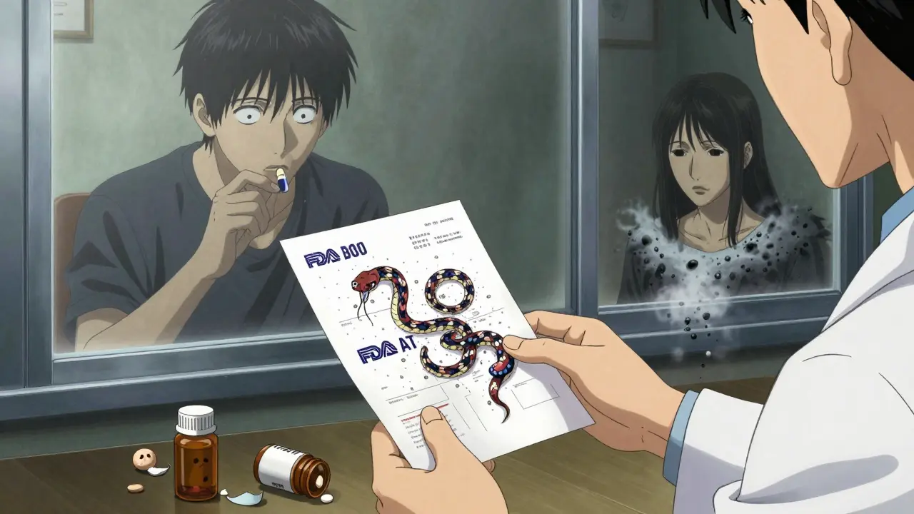 A doctor handing a prescription that turns into serpents, while the patient's reflection shows them taking a branded pill, their real self dissolving into ash.