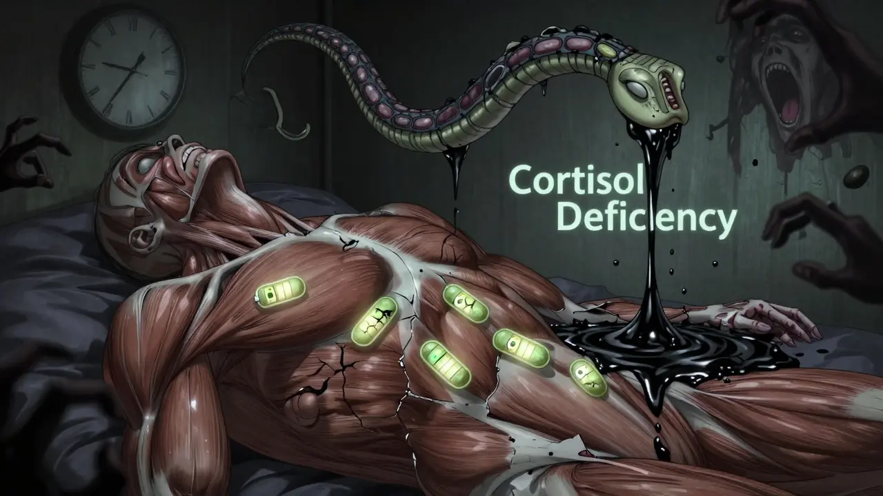 A fractured human torso with dimly glowing mitochondria and a broken HPA axis leaking dark fluid.