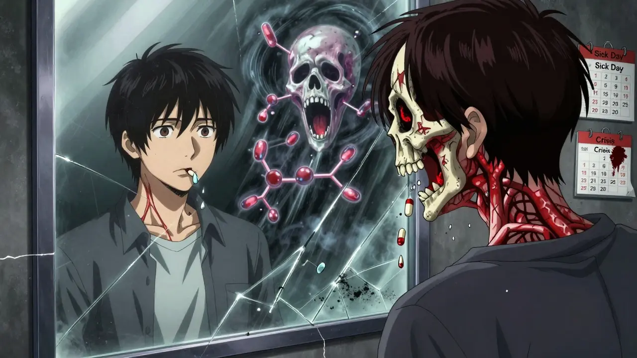 A fractured mirror shows two versions of a person: one healthy, one skeletal, with pills falling like ash and antibodies swirling.