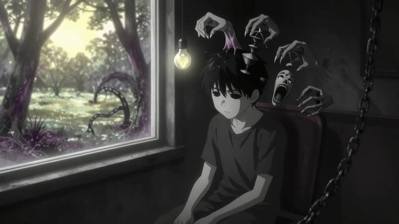 A hollow-eyed teen with ghostly hands pulling symptoms from their scalp, while a nightmare park blurs outside the window.