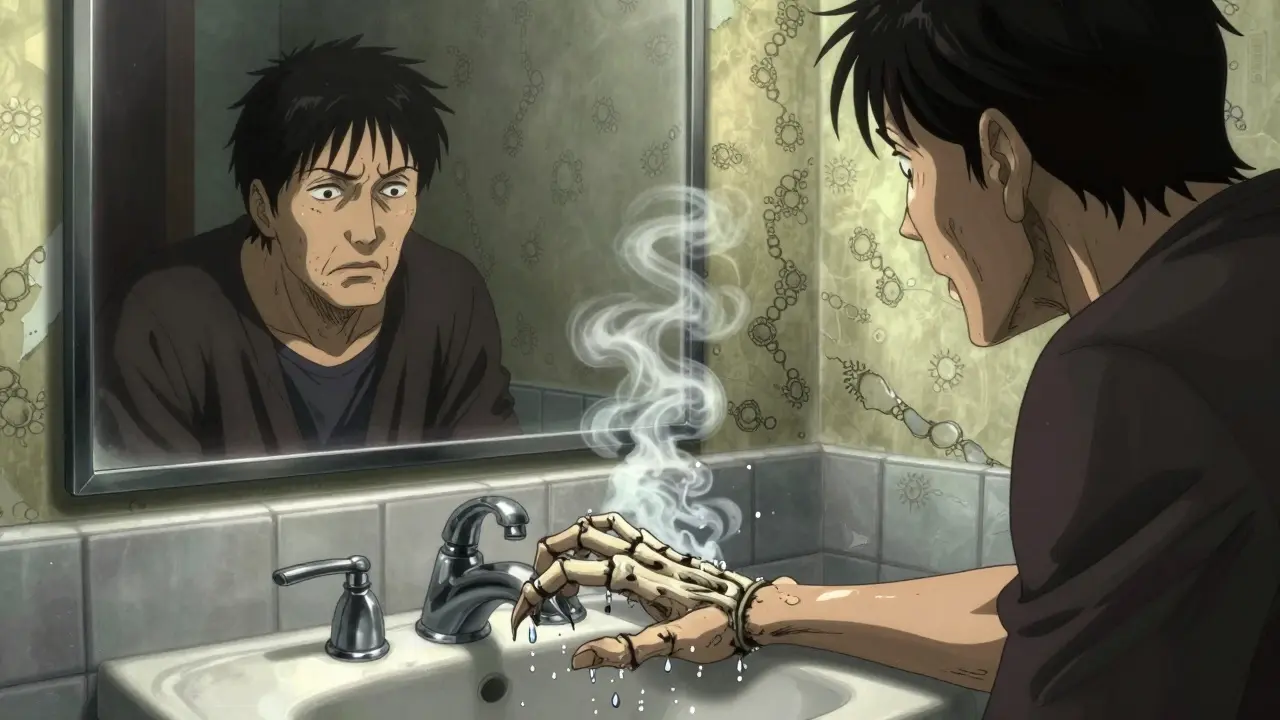 A man staring at his reflection, fingers bent unnaturally into hooks while water droplets freeze around his wrist.