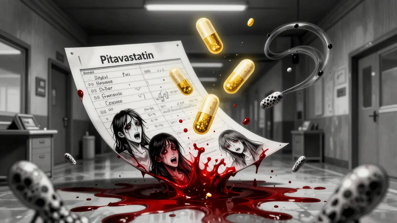 A medical chart bleeds into blood-red glucose readings, with pitavastatin tablets glowing above crumbling statin molecules.