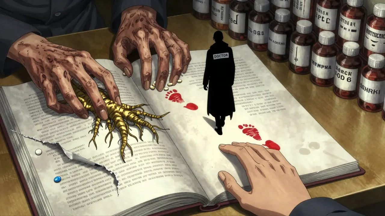 A medical manual's pages unravel into writhing hands holding herbs and pills, while a doctor ignores the patient.