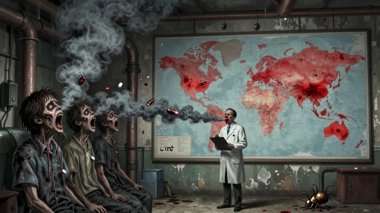 A monstrous factory spewing smoke shaped like screaming patients, with a world map covered in red infection zones spreading from Asia.