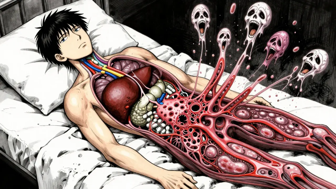 A patient's translucent body showing healthy vs. toxic drug interactions in a nightmarish internal landscape.