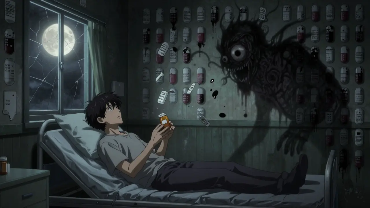 A patient clutching a generic pill bottle as their shadow becomes a monstrous creature made of screaming price labels and pill names.